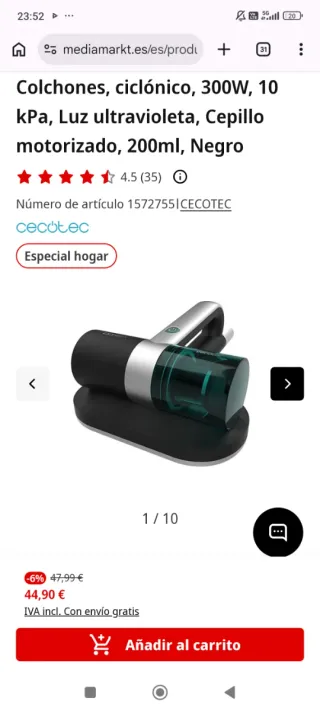 Aspirador ácaros Cecotec UV Negro