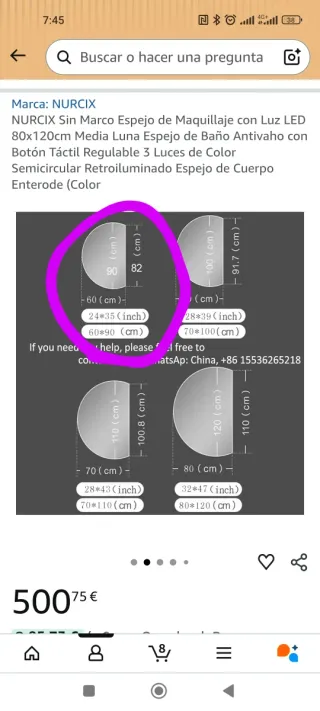 Espejo semicircular sin marco 60x90