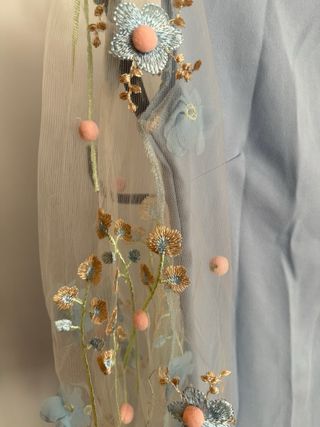 Vestido azul con mangas de tul bordadas