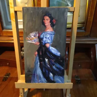 Dipinto Dama con gatto stile '800