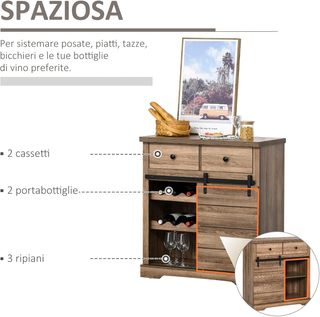 Credenza Con 2 Cajones, Estantes Abiertos Y Portabotellas, Credenza De Cocina Rústica En Madera Y Metal, 80X39X86 Cm, Color Madera