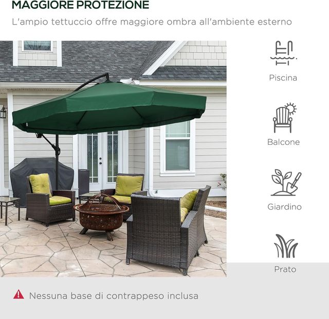 Sombrilla Descentrada 3X3 M Con Mosquitera, Base Cruzada, Ventilaciones Y Manivela, Sombrilla De Jardín Inclinable Y Giratoria A 360° En Acero Y Poliéster, Protección UV, Verde