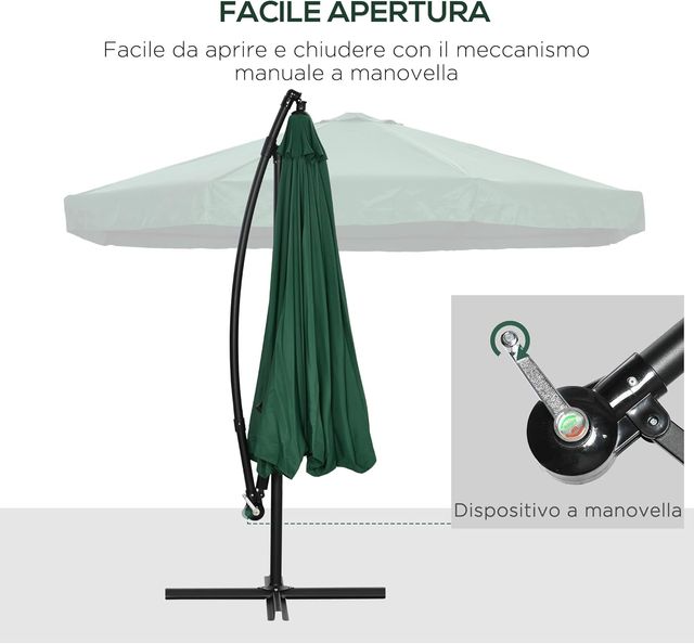 Sombrilla Descentrada 3X3 M Con Mosquitera, Base Cruzada, Ventilaciones Y Manivela, Sombrilla De Jardín Inclinable Y Giratoria A 360° En Acero Y Poliéster, Protección UV, Verde