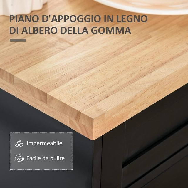 Carro De Cocina Multifuncional Con Cajón, Ruedas, Porta Especias Y Armario, Mueble De Cocina Con Estante Regulable, Porta Toallas Y Tablero De Madera De Caucho, 109X40X89 Cm, Negro