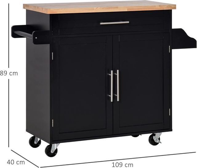 Carro De Cocina Multifuncional Con Cajón, Ruedas, Porta Especias Y Armario, Mueble De Cocina Con Estante Regulable, Porta Toallas Y Tablero De Madera De Caucho, 109X40X89 Cm, Negro
