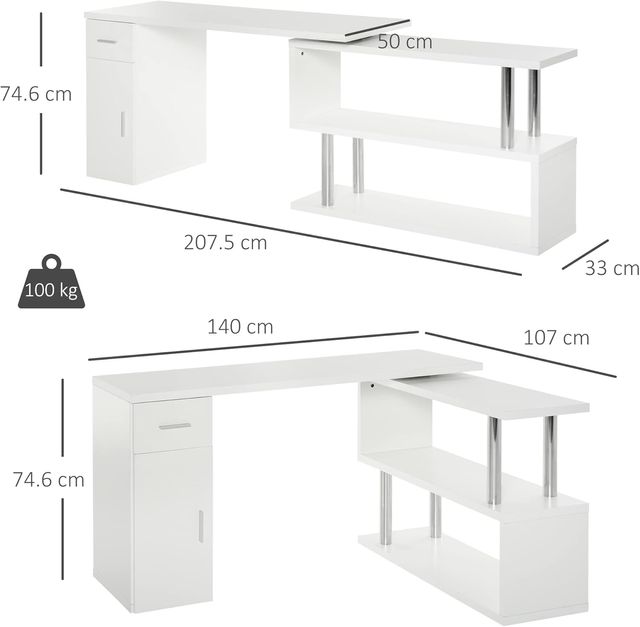 Escritorio Angular Moderno de Madera con Cajón, Armario y Estantes, Mobiliario para Oficina y Casa, Blanco