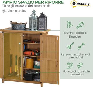 Cobertizo para Herramientas de Jardín con 2 Puertas, 4 Estantes y Base Elevada, Caseta de Herramientas de Jardín en Madera de Abeto con Techo de Chapa Galvanizada y Cierre Magnético, 75X40X90 Cm, ...