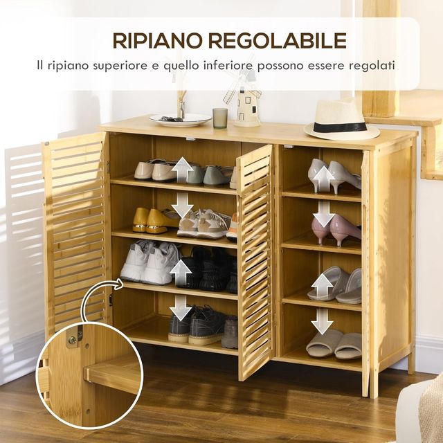 Zapatero de 8 Estantes en 3 Niveles con Manijas, Mueble Zapatero de Bambú para Sala de Estar y Entrada, 100X35X80 Cm, Color Madera