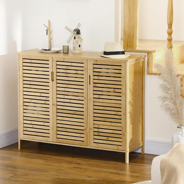 Zapatero de 8 Estantes en 3 Niveles con Manijas, Mueble Zapatero de Bambú para Sala de Estar y Entrada, 100X35X80 Cm, Color Madera