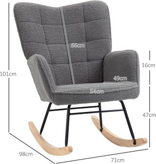 Silla mecedora de interior acolchada, poltrona mecedora de relax en pelo bereber con reposabrazos, estructura de acero y patas de madera de haya para sala de estar y dormitorio, gris oscuro