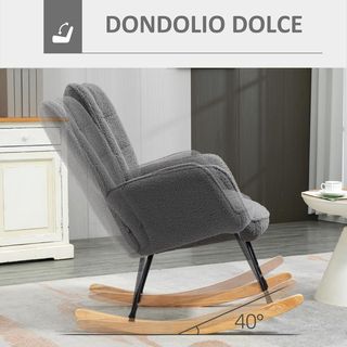 Silla mecedora de interior acolchada, poltrona mecedora de relax en pelo bereber con reposabrazos, estructura de acero y patas de madera de haya para sala de estar y dormitorio, gris oscuro
