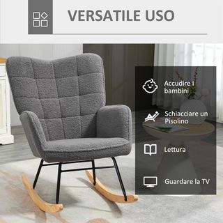 Silla mecedora de interior acolchada, poltrona mecedora de relax en pelo bereber con reposabrazos, estructura de acero y patas de madera de haya para sala de estar y dormitorio, gris oscuro