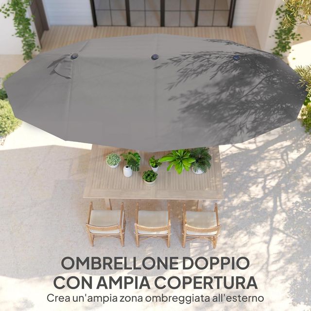 Sombrilla Doble de Jardín 4.6X2.7 M con 12 Varillas y Ventilación y Manivela, Sombrilla para Exteriores de Acero y Poliéster, anti UV, Gris