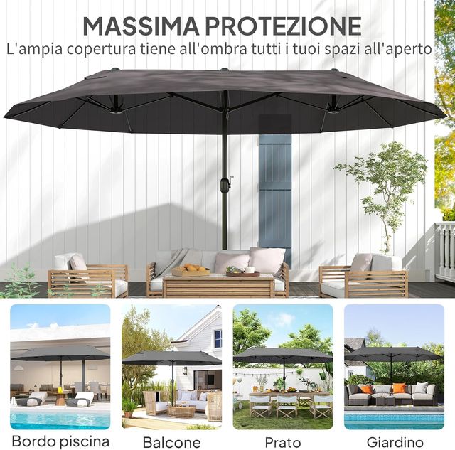 Sombrilla Doble de Jardín 4.6X2.7 M con 12 Varillas y Ventilación y Manivela, Sombrilla para Exteriores de Acero y Poliéster, anti UV, Gris