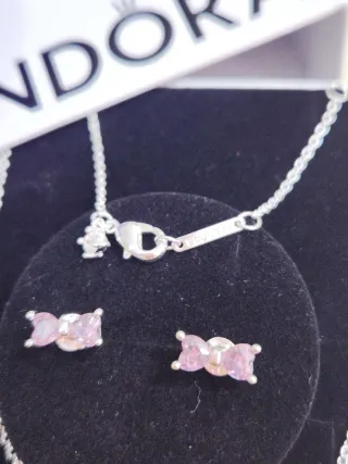 Conjunto Pandora Lazo Brillante Rosa Plata