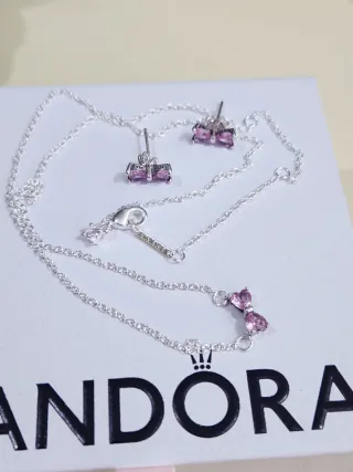 Conjunto Pandora Lazo Brillante Rosa Plata