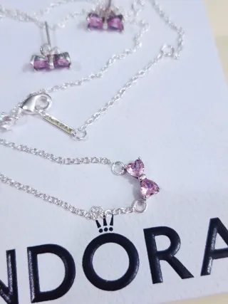 Conjunto Pandora Lazo Brillante Rosa Plata