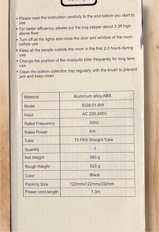 Lámpara Insectos UV Eléctrica 6W