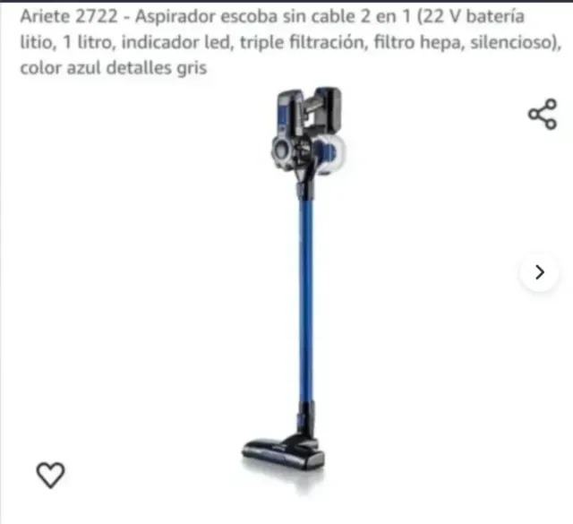 Ariete 2722 - Aspirador escoba sin cable 2 en 1