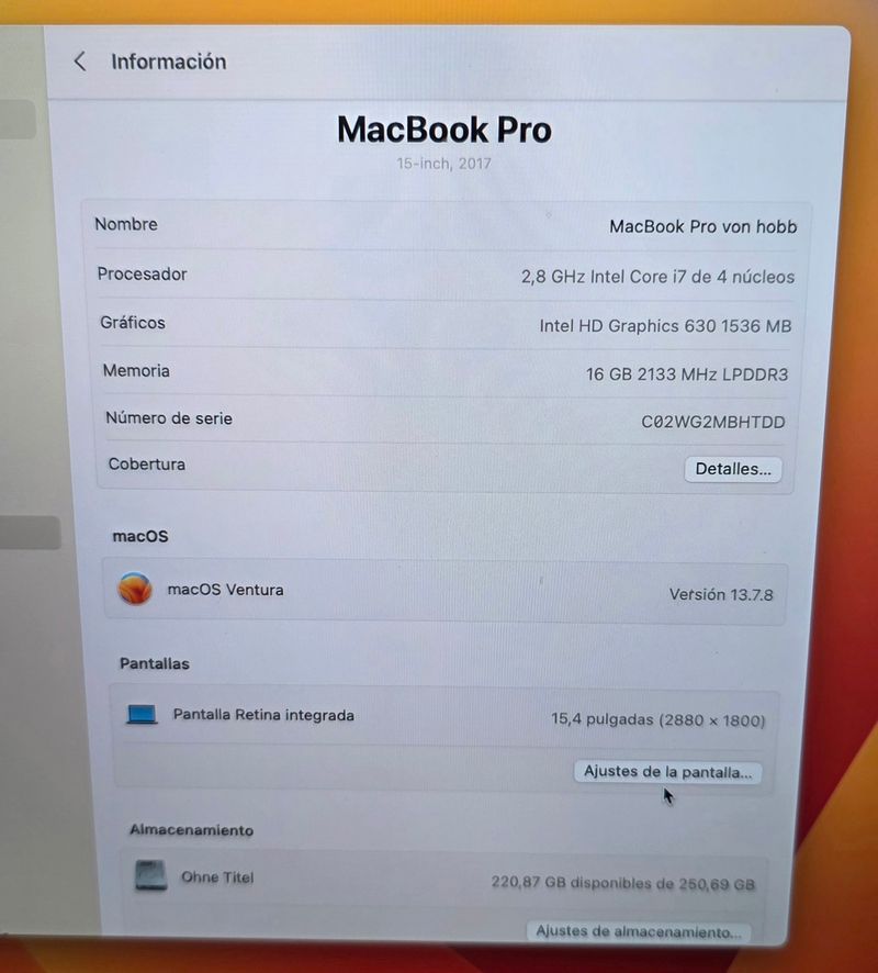 Macbook pro 2017 15" i7 16gb o cambio SOLO HOY afbeelding 2