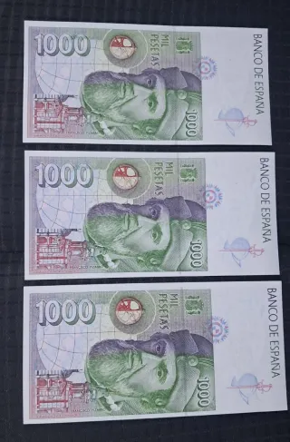3 Billetes 1000 Pesetas 1992 Consecutivos