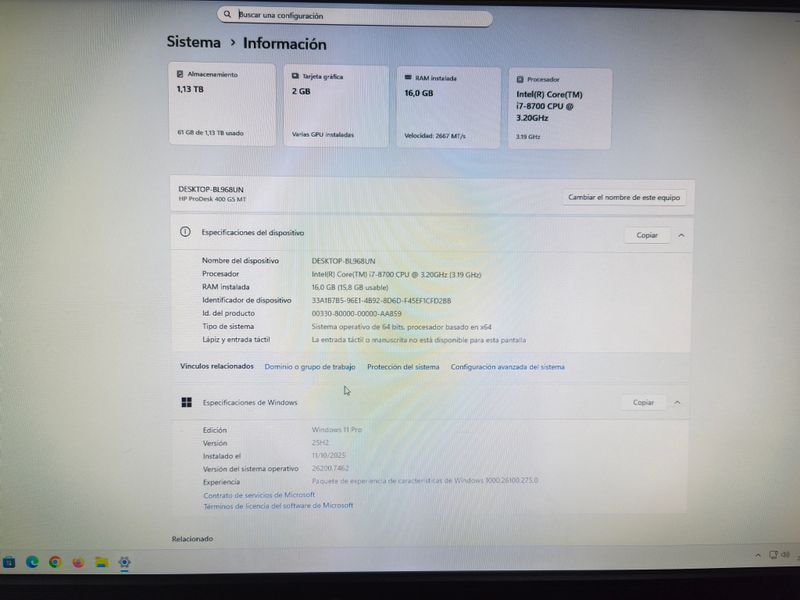 Ordenador HP Prodesk 400 G5 MT SFF (I7 8700)