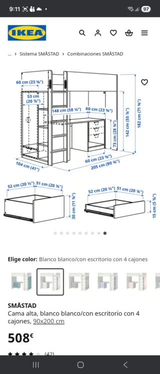 Cama juvenil con escritorio y estanterías