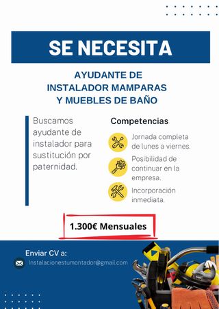 Se busca ayudante instalador / montador baños