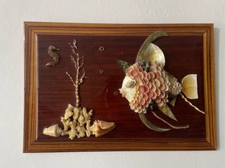 Cuadro antiguo de conchas y caballito de mar