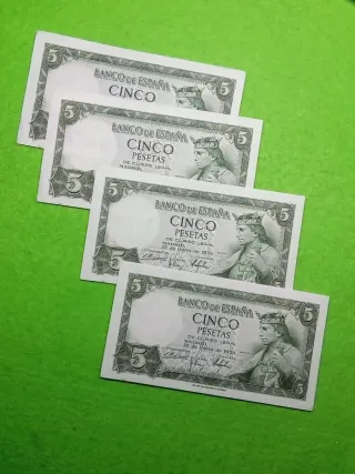 4 Billetes 5 Pesetas España 1954. Correlativos