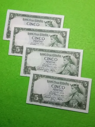 4 Billetes 5 Pesetas España 1954. Correlativos