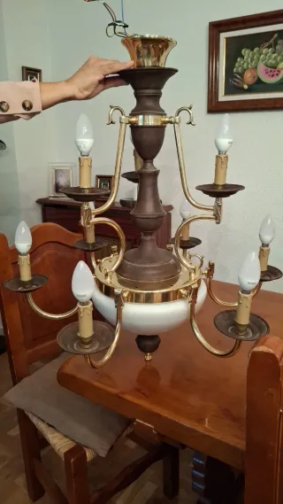 Lámpara de techo madera, metal y cristal