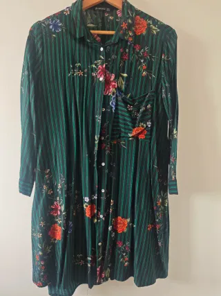 Vestido Camisa Verde Rayas Flores Talla M