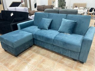 Sofá Cama 3 Plazas + Puff + Arcón Terciopelo Azul