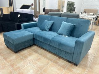 Sofá Cama 3 Plazas + Puff Terciopelo Azul