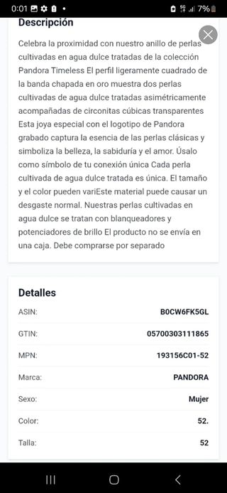 Anillo Pandora Plata Perlas y Circonita