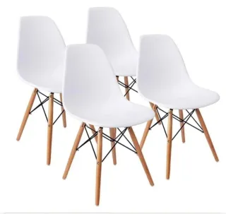 Juego de 4 sillas blancas de plástico y madera