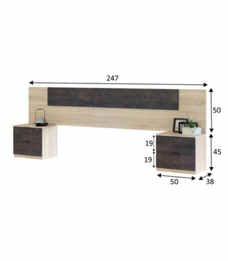 Cabecero y 2 Mesitas de Noche. Roble Canadian/Oxi