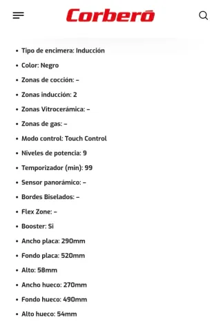 Placa Inducción Corberó CCI BR 3020 D