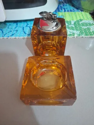 Mechero y Cenicero Vintage Cristal Ámbar