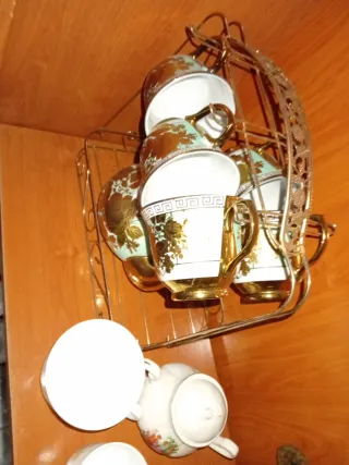 Juego de té vintage dorado y turquesa