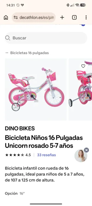 Bicicleta Unicornio 16 Niña 5-7 años