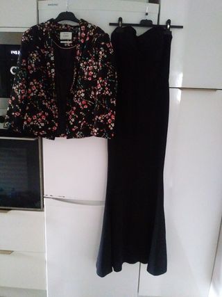 Conjunto vestido largo negro y chaqueta estampada