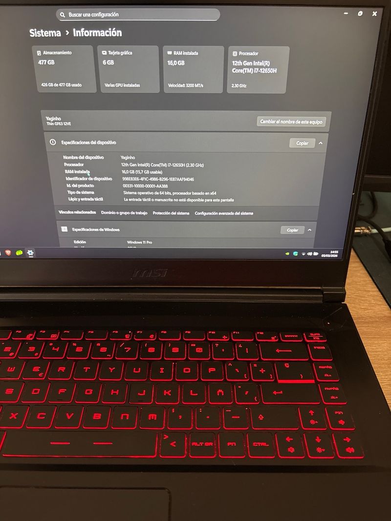 MSI Thin GF63VE Portátil Gaming i7 16GB Ram RTX40 afbeelding 6