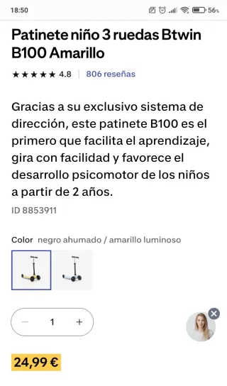 Patinete infantil 3 ruedas amarillo