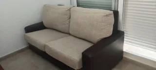 Sofá 2 plazas cama de piel y tela beige/marrón