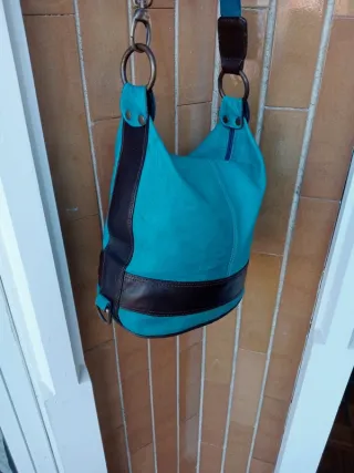 Borsa a secchiello pelle marrone e turchese