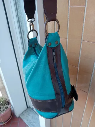 Borsa a secchiello pelle marrone e turchese