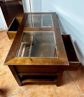 Mesa centro madera maciza cristal 2 cajones