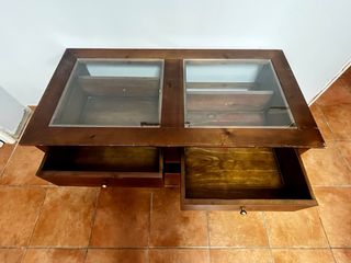 Mesa centro madera maciza cristal 2 cajones